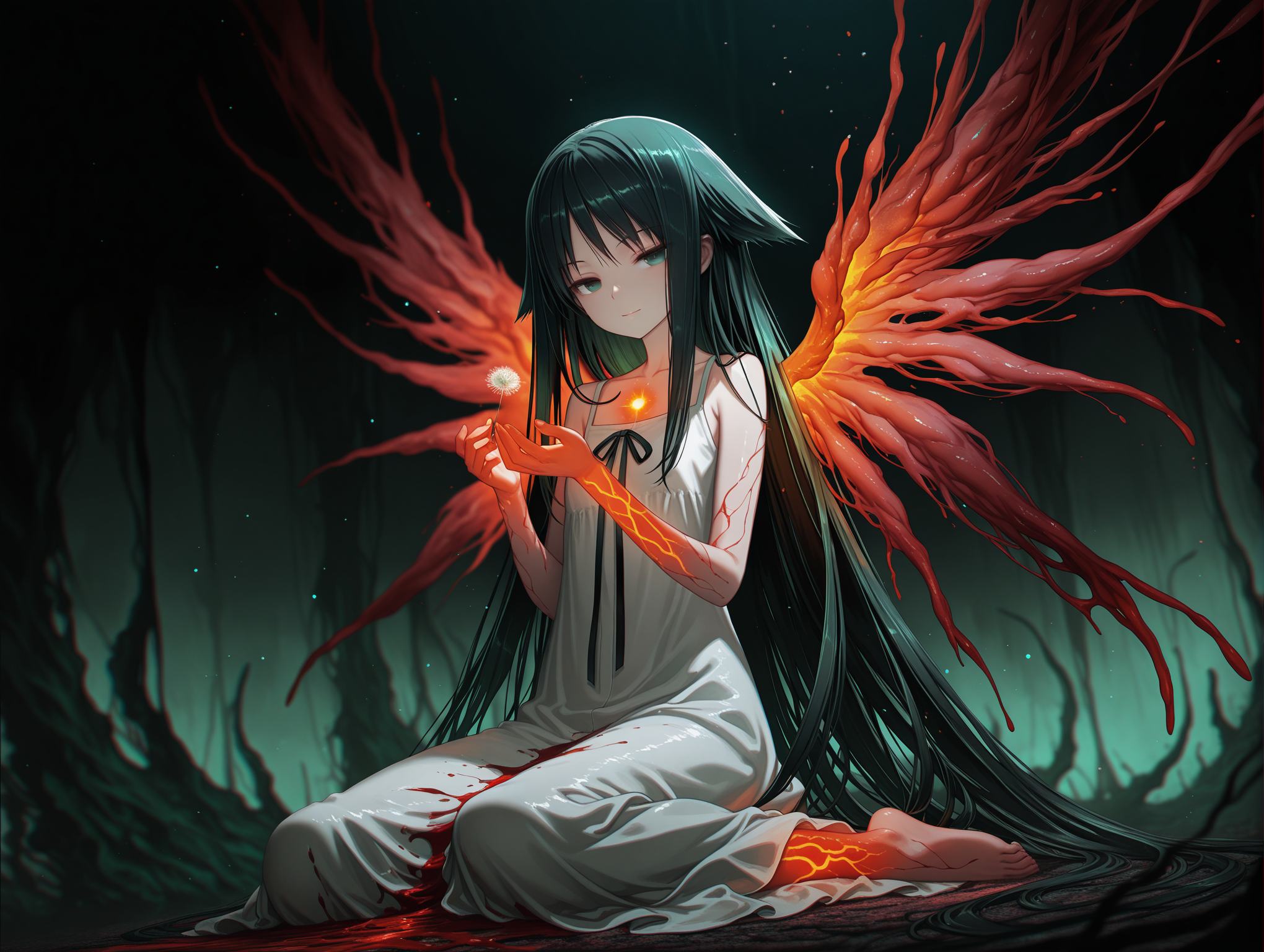 dynamic pose, dynamic angle,glowing wings, 
looking at viewer, light smile, wariza, flesh wings, holding dandelion, arms up, bloody wings, depth of field,light in heart,  
solo ,saya \(saya no uta\) , 1girl , bare shoulders , feet bare shoulders , black hair , black ribbon , blurry , blurry background , collarbone , dress , eldritch abomination ,flesh ,
 green eyes , long hair , profile , ribbon , sleeveless , sleeveless dress , very long hair , white dress  , green theme , red theme ,dark , horror ethereal , melancholic , glowing control panels casting ,soft blue light, dreamy atmosphere surreal ,horrifying , flowing hair gently drifting in an eerie, unsettling atmosphere, vibrant green and red hues blending chaotically, organic and grotesque textures covering the environment, glowing veins pulsing faint light (floating hair:1.1), (chromatic aberration:1.2), (light particles:0.9), (muted colors:1.5), (vibrant colors:0.8), (bright colors:0.7), (glowing sparkles:0.5), (radiant reflections:0.3), (soft light rays:0.7), blood-red mist, glowing green tendrils, dark and oppressive ambiance,cinematic lighting , raytracing , dynamic angle , depth of field , high contrast , colorful , detailed light , light leaks , beautiful detailed glow , best shadow , shiny , intricate details , hyperdetailed , iridescent [artist:yayaziiii] , [artist:tsukushi akihito] , [artist:huke] , [artist:chuuou higashiguchi]
,masterpiece,best quality,amazing quality, <lora:PHM_style_IL_V2:0.9>