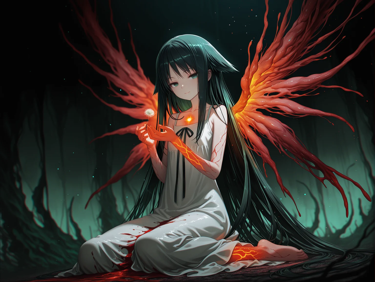 dynamic pose, dynamic angle,glowing wings, 
looking at viewer, light smile, wariza, flesh wings, holding dandelion, arms up, bloody wings, depth of field,light in heart,  
solo ,saya \(saya no uta\) , 1girl , bare shoulders , feet bare shoulders , black hair , black ribbon , blurry , blurry background , collarbone , dress , eldritch abomination ,flesh ,
 green eyes , long hair , profile , ribbon , sleeveless , sleeveless dress , very long hair , white dress  , green theme , red theme ,dark , horror ethereal , melancholic , glowing control panels casting ,soft blue light, dreamy atmosphere surreal ,horrifying , flowing hair gently drifting in an eerie, unsettling atmosphere, vibrant green and red hues blending chaotically, organic and grotesque textures covering the environment, glowing veins pulsing faint light (floating hair:1.1), (chromatic aberration:1.2), (light particles:0.9), (muted colors:1.5), (vibrant colors:0.8), (bright colors:0.7), (glowing sparkles:0.5), (radiant reflections:0.3), (soft light rays:0.7), blood-red mist, glowing green tendrils, dark and oppressive ambiance,cinematic lighting , raytracing , dynamic angle , depth of field , high contrast , colorful , detailed light , light leaks , beautiful detailed glow , best shadow , shiny , intricate details , hyperdetailed , iridescent [artist:yayaziiii] , [artist:tsukushi akihito] , [artist:huke] , [artist:chuuou higashiguchi]
,masterpiece,best quality,amazing quality, <lora:PHM_style_IL_V2:0.9>