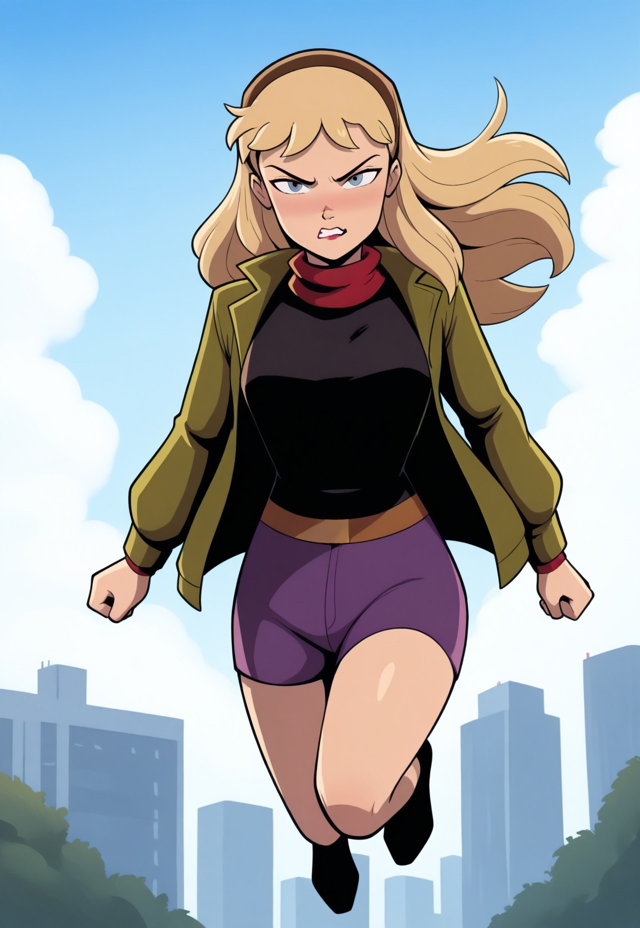 masterpiece, best quality, 32k, high resolution, absurdres,  gwen stacy, shirt, floating hair, outdoors, full body, looking at viewer, open clothes, scarf, brown hairband, angry