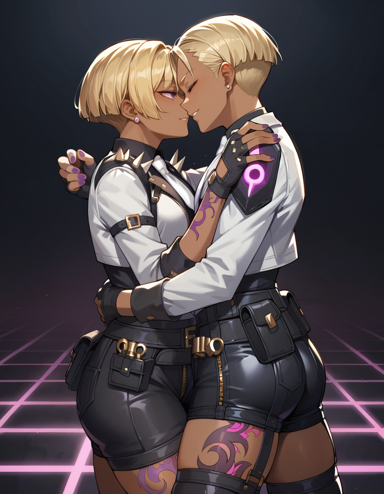 score_9,score_8_up,score_7_up,score_6_up,dark background,1girl,f4tal3,black fingerless gloves,dark skin,black thighhighs,white jacket,dark-skinned female,blonde hair,belt,short hair,black shorts,ass,dancing,2girl,hugging each other,night club,neon lights,dancefloor,white necktie,arm tattoo,shoulder spikes,black shirt,earrings,belt pouch,purple nails,leg tattoo,zipper,long sleeves,holster,     <lora:MyTrainings\Temp\Mad_Maggie_Furious_Fatale_XL_Pony_ARZUMATA-000009.safetensors:0.7>