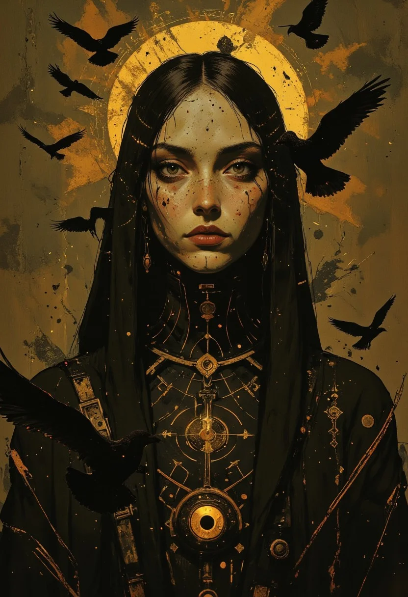 This is a digital painting in a realistic, semi-abstract style, HD, 8K quality, ultra-detailed, masterpiece artwork, flawless composition. The central figure is a young woman with fair skin and soft light brown hair that frames her serene, contemplative expression. Her striking light blue eyes are captivating, while her face and neck are adorned with intricate golden geometric patterns, evoking a mystical and otherworldly presence. A radiant golden halo floats above her head, further emphasizing her ethereal quality. She is cloaked in a dark hooded garment, its shadows partially obscuring her features and adding an enigmatic depth to her aura. Surrounding her are several black birds in mid-flight, their wings spread wide in dynamic arcs, creating an interplay of motion and mystery. The muted, earthy brown background is softly blurred, blending seamlessly into the composition and allowing the figure and birds to command focus. The golden patterns on her skin and the birds' wings are illuminated by a warm, golden glow, providing a striking contrast to the darker tones of her attire and the subdued background. The skillful interplay of light and shadow, combined with the abstract yet symbolic elements, creates a hauntingly surreal atmosphere that draws the viewer into the figure's enigmatic presence. This painting seamlessly fuses fantasy and realism with ancient symbolism and modern digital artistry.