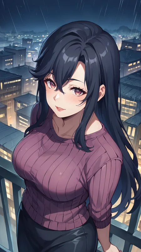 score_9,score_8_up,score_7_up,score_6_up, source_anime, zPDXL, <lora:xl_more_art-full_v1:0.5>, mature woman, dynamic pose, <lora:Saori Ootori - Pony-000004:1>, long hair, black hair, purple sweater, purple eyes, black skirt, hair between eyes, pantyhose, medium breasts, (untucked sweater:1.5), night time, modern city, city at night, raining, rooftop, cityscape, from above, balcony, upper body,