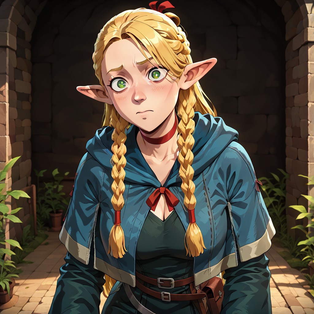 masterpiece, best quality, newest, absurdres, highres,  P3DV1.0, 1girl, marcille_donato \(dungeon_meshi\), elf, pointy ears, green eyes, blonde,