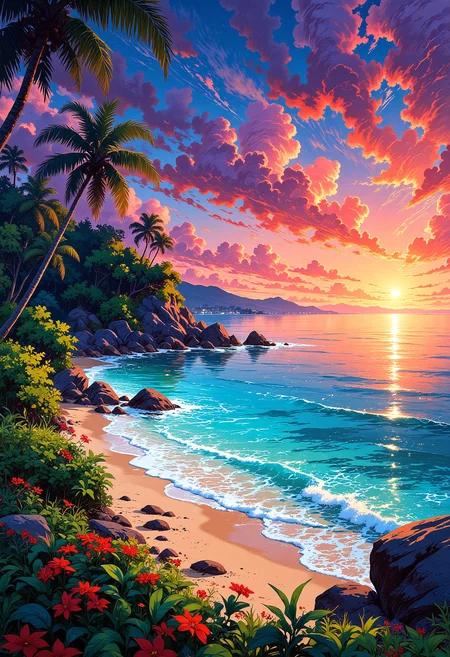 A tropical vacation, landscape, tourism, colorful, vibrant glow