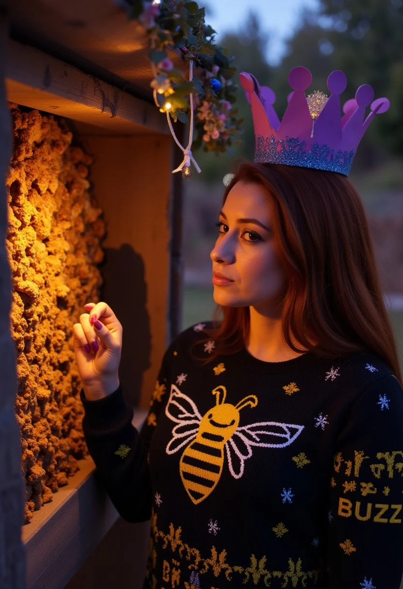 imagine a knitted sweater of this digital artwork depicts an image of feminine curvy woman with a purple paper crown on her head looking into a bee hive at dusk, side view, ,<lora:Ugly_Sweater_Knitter-000013:0.8>, uglyswe4ter, A festive holiday sweater with a image of a yellow and black bee, In stylized gold letters are the words "BUZZ BUZZ!", cinematic lighting, a photograph of a person with long copper colour hair, hourglass figure, wearing an uglyswe4ter looking at the camera