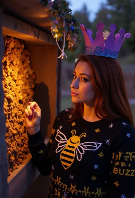 imagine a knitted sweater of this digital artwork depicts an image of feminine curvy woman with a purple paper crown on her head looking into a bee hive at dusk, side view, ,<lora:Ugly_Sweater_Knitter-000013:0.8>, uglyswe4ter, A festive holiday sweater with a image of a yellow and black bee, In stylized gold letters are the words "BUZZ BUZZ!", cinematic lighting, a photograph of a person with long copper colour hair, hourglass figure, wearing an uglyswe4ter looking at the camera