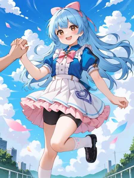 1girl, 
skirt, interlocked fingers, shoe soles, shorts, solo focus, standing, sky, white footwear, smile, open mouth, blue shirt, shirt, white skirt, day, short sleeves, shoes, blue hair, brown eyes, long hair, standing on one leg, bow, outdoors, shorts under skirt, blue sky, pink bow, puffy short sleeves, socks, puffy sleeves, blush, pleated skirt, black footwear, cloudy sky, :d, black shorts, holding hands, kneepits, bike shorts, out of frame, cloud,
A young girl with long blue hair and a pink bow in her hair. she is wearing a white dress with a blue collar and a ruffled skirt. the girl is standing on one leg with her arms stretched out to the sides and her legs bent at the knees. she has a big smile on her face and is looking up at the sky with a playful expression.
score_9, score_8_up, score_7_up, source_anime
 <lora:style016:0.8>