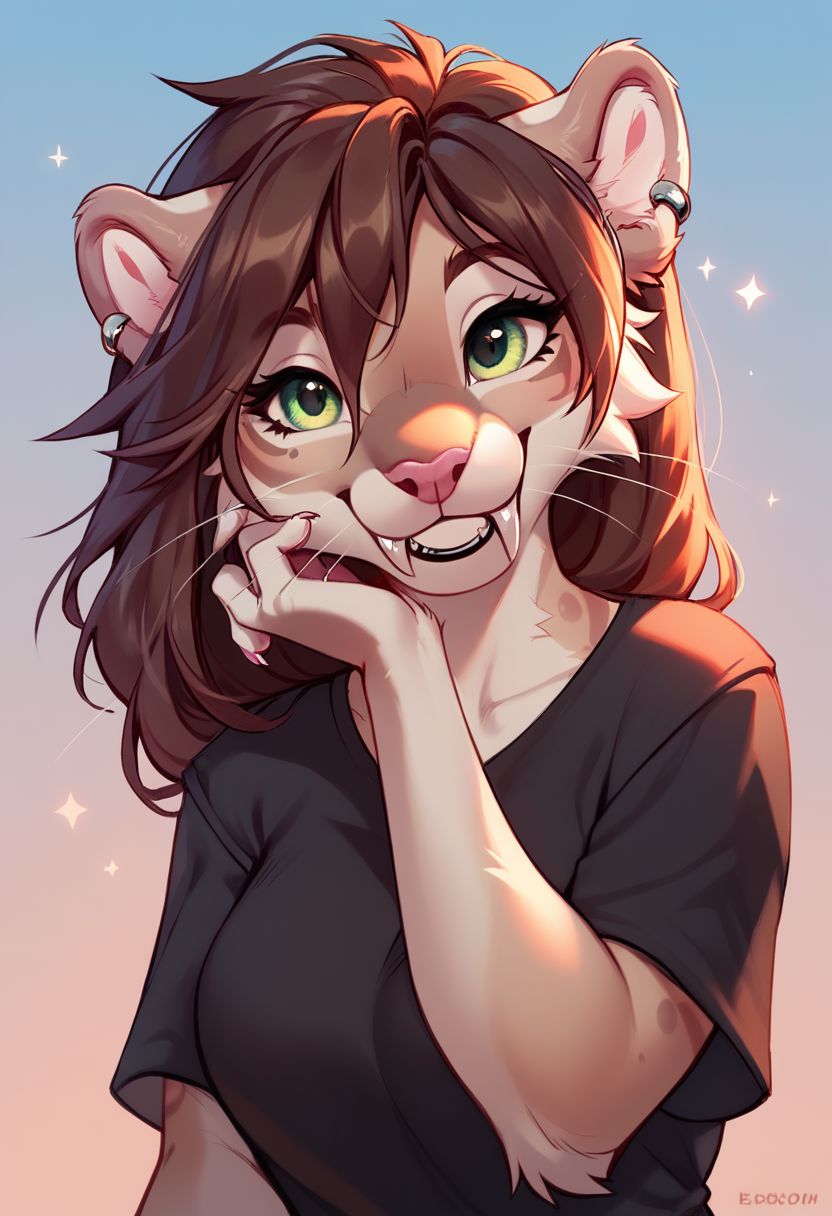 score_9, score_8_up, score_8, 1girl, anthro sabertooth cat, green eyes, brown hair, beige fur, pink nose, round ears, black t-shirt, smiling, cute, portrait, posing