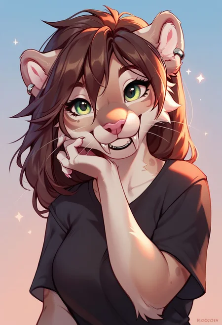score_9, score_8_up, score_8, 1girl, anthro sabertooth cat, green eyes, brown hair, beige fur, pink nose, round ears, black t-shirt, smiling, cute, portrait, posing