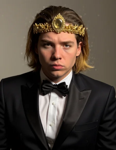 Matthis Coleman is wearing a black suit and a golden jeweled crown, depth of field 100mm, <lora:Matthis_Coleman_FLUX:1>