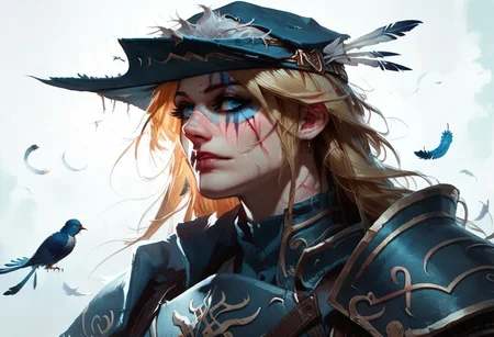 score_9, score_8_up, score_7_up, concept art, realistic, BREAK, 1woman portrait, beautiful, dramatic lights. lucatielofMirrah, Lucatiel, LucatielDS2, blonde, scar, hat, leather armor, blue eyes, facepaint, green facepaint, feathers on hat, feathers,