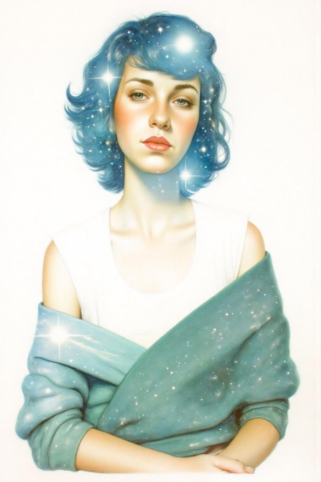Portrait painting. A woman with short, wavy blue hair, wearing a white top and a teal shawl draped over her shoulders. Her hair blends seamlessly into a sky filled with stars and galaxies. The background is stark white. <lora:doubleexpopainting1_cap_d6a3e13:1.0><lora:850286927251778509:0>