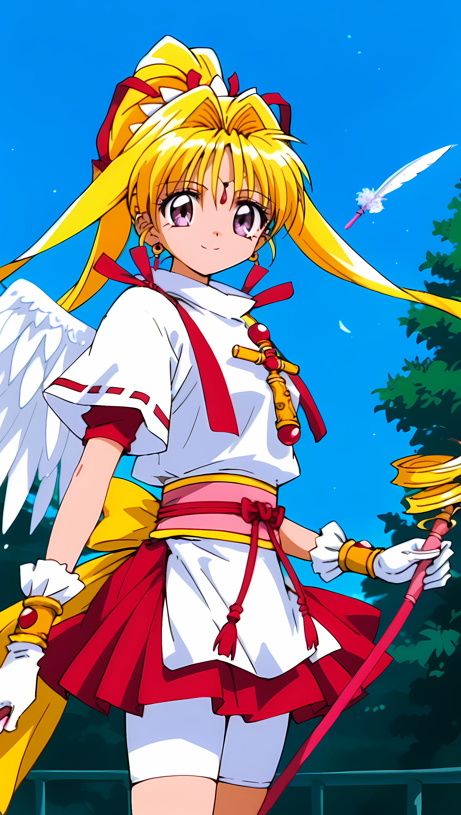 8k, best quality, solo, cute, score_9, score_8_up, score_7_up, 90s anime, KKJs2, source_anime, 1girl, purple eyes, blonde hair, very long hair, two high twintails, one high ponytail, drill hair, red hair ribbon, white decoration, earrings, white top, folded standing collar, white collar, red accents, short sleeves, short red inner sleeves, exposed lower arms, shoulder decorations, red decorations, cross ornament, gold bracelet, white gloves, red and yellow sash, red rope, tassels, large yellow bow, layered skirt, red skirt, white apron, white bike shorts, bare thighs, white boots, red ribbons, holding ribbon wand, red ribbon, white wings, feather wings, midair, cowboy shot, starry sky, night sky, smile
