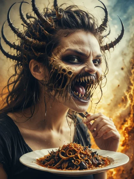 (((A beautiful Energetic, 28 years old woman, with Timeless Classic, eating Fried Tarantulas - Deep-fried tarantulas seasoned with garlic and sugar, considered a delicacy in Cambodia.. Building a time machine out of cardboard boxes and duct tape, claiming it will take her to the year 3021 where everyone speaks in rhymes.)))
(((with exaggerated expressions))) With Quantum Tunneling Ability: This fruit can occasionally pass through solid objects, making it tricky to contain., Dynamic Spiral Staircase Shot: Stand at either the top or bottom of a spiral staircase and shoot straight up or down to capture its hypnotic curves leading into infinity..(dynamic:1.1),sun rays,(taken by 12.5mm fisheye lens:1.1),
(Vivid, HDR, Canon50, 8K, Hyper Realistic, Dramatic, Epic, Dynamic Contrast, Cinematic Lighting, increased brightness)(((Zoomed Out, Far away Shot))) = =. Epic dynamic lighting , vibrant,highly detailed,psychedelic,((Psychedelic, rainbow glow ))
((Vivid, Epic, Dynamic contrast)) (((Zoomed out, Far away shot, In frame)), (((Cinematic, Studio lighting, Contrast)))
<lora:juggernautXL_version6Rundiffusion:0.8><lora:rundiffusionXL_beta:0.8><lora:epicrealismXL_v5Ultimate:0.8><lora:crystalClearXL_ccxl:0.9><lora:extremely_detailed:0.8> extremely detailed
<lora:hyperkraximalism:0.4> hyperkraximalism
<lora:DonMD347hM374lXL:0.8> DonMD347hM374lXL <lora:Oblivion_lcm_structure_Craft_a_high-resolution:0.8> <lora:fangs_jaws:0.8>fangs, teeth, mouth open, screaming, evil, - Generate images with sharp edges and fine details.
- Produce high-resolution images with no blurriness or distortions.
- Create images with clear and well-defined subjects.
- Ensure that the output images have crisp lines and distinct features.
- Generate images with vibrant colors and accurate tones.
- Avoid noise or artifacts in the generated images.
- Focus on producing clear textures and patterns in the images.
- Emphasize clarity and definition in all aspects of the generated images.
- Prioritize the sharpness and clarity of the main subjects in the images.
- Optimize the AI model to produce clear and visually appealing images., Wlop, By art germ, Ross tran