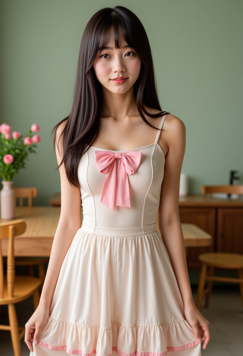 She is approximately 18 years old. Hyperrealism, she is looking at the camera, (dynamic angles), a beautiful, stunning unique female character. She has dark hair. her eyes are filled with joy and excitement, extravagant eyelashes. A photo of Sung_CDC, a woman, wearing a frilly white dress, with a pink bow. She is standing in a room with a dining table and chairs. The room also has a sink and a vase. The woman is posing confidently. simple sage green colored background. She has a slight smile on her face and is looking directly at the camera. making this image a masterpiece of photography and digital art. realistic. making this image a masterpiece of photography and digital art. Style: realistic hyper-detailed rendering, 32k UHD, expressive eyes, punk, graphic design, girl's face, pretty and cute, gleaming lips, telling a tale of adventure. Exuding confidence and serenity. The overall mood of the image is happy and relaxed,detailed skin texture,(blush:0.2),(goosebumps:0.3),subsurface scattering,whimsical,Detailed hand, Perfect hand. Perfection style.