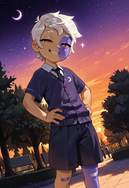 masterpiece, best quality, amazing quality, very aesthetic, absurdres, newest, scenery, outdoors, park, dutch angle, sunset, stars, crescent moon, sparkles, BREAK,
1boy, solo, thecollector, squinting, looking at viewer, grin, half-closed eyes, cardigan, short sleeves, necktie, white wide and long shorts, bandaid on right knee, hand on own hip,
