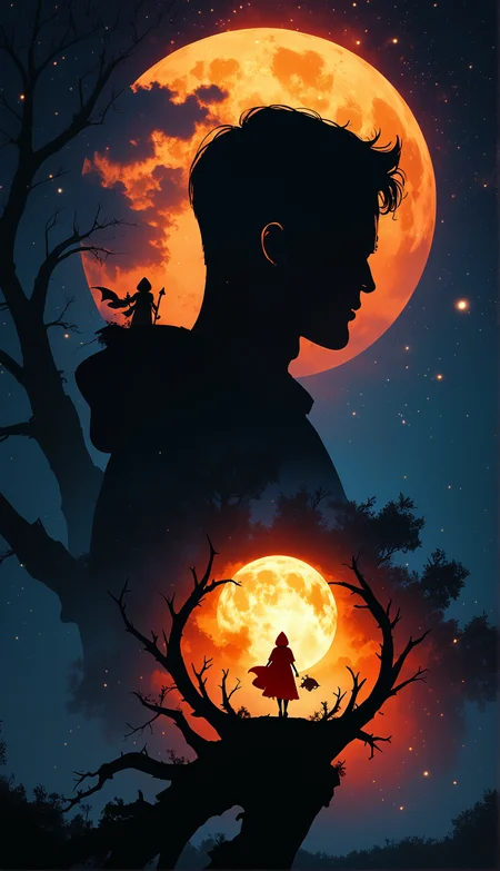 score_9, score_8_up, score_7_up, score_6_up, score_5_up, Jed-dblexpsre, Jed-dblexpsre effect, double exposure, merged, (((masterpiece))) , (((best quality))), Complex background, poppy, Moonlight, Wonder, ethereal magical atmosphere, dynamic, joy,1girl,high fashion,grim, backlight colors,silhouette colors,cosmic frame, black background,portrait,photo, closed eyes, cinematic perfect intricate stunning fine detail, shiny, enhanced quality, highly contrasted, mysterious, red riding hood<lora:DoubleExposureP-000006:1>