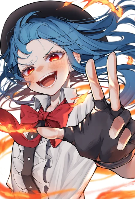 1girl, solo, red eyes, hinanawi tenshi, long hair, shirt, open mouth, blue hair, gloves, smile, white shirt, looking at viewer, black headwear, blush, upper body, hat, fingerless gloves, fire, white background, teeth, floating hair, collared shirt, simple background, short sleeves, v-shaped eyebrows, :d, red bowtie, black gloves
,masterpiece,best quality,very aesthetic,absurdres
<lora:ããããã¤ãfornoob:0.95>