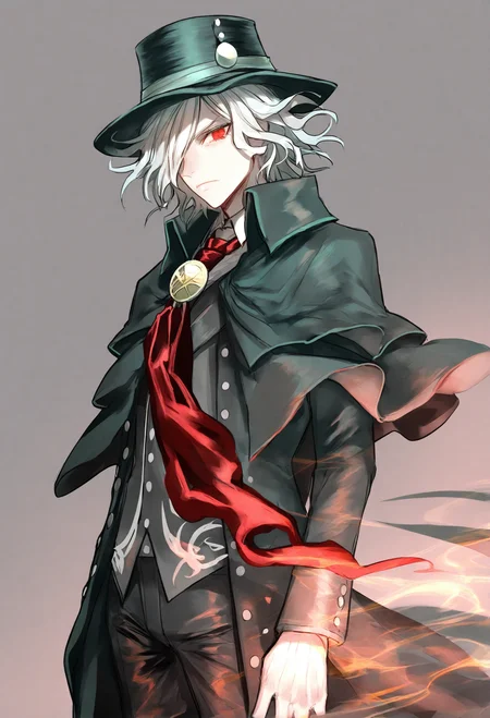 edmond dantes \(fate\), edmond dantes \(first ascension\) \(fate\), fate/grand order, fate \(series\), 1boy, bishounen, fedora, formal clothes, hair over one eye, hat, jacket, long sleeves, looking at viewer, male focus, red eyes, short hair, simple background, solo, suit, wavy hair, white hair 
,masterpiece,best quality,very aesthetic,absurdres
<lora:pottsnessforNoob:0.95>