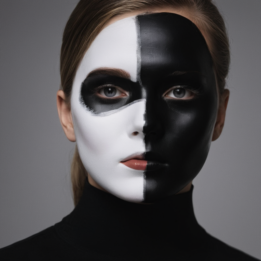 cinematic film still of  <lora:Fine art photography style:1>
Juxtaposition of a white woman9 with a half black face and a black mask paint,1girl,solo,simple background,1boy,closed mouth,monochrome,greyscale,male focus,lips,looking to the side,eyelashes,facial mark,looking away,portrait,realistic Juxtaposition,artistic,photography,dramatic light,dramatic shadow light,contrast,saturated color,cinematic,filmic,photographic,realistic,realism,perfection,perfect,Juxtaposed,opposite,different things,side by side,syncretism,antithesis,Juxtaposition style , creative, photorealism, hyperrealism, Fine art photography style, Fine art cinematic photography style, shallow depth of field, vignette, highly detailed, high budget, bokeh, cinemascope, moody, epic, gorgeous, film grain, grainy
