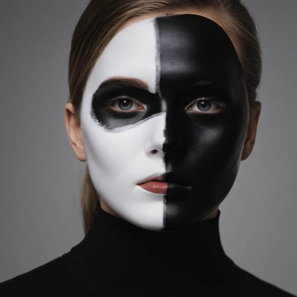 cinematic film still of <lora:Fine art photography style:1>
Juxtaposition of a white woman9 with a half black face and a black mask paint,1girl,solo,simple background,1boy,closed mouth,monochrome,greyscale,male focus,lips,looking to the side,eyelashes,facial mark,looking away,portrait,realistic Juxtaposition,artistic,photography,dramatic light,dramatic shadow light,contrast,saturated color,cinematic,filmic,photographic,realistic,realism,perfection,perfect,Juxtaposed,opposite,different things,side by side,syncretism,antithesis,Juxtaposition style , creative, photorealism, hyperrealism, Fine art photography style, Fine art cinematic photography style, shallow depth of field, vignette, highly detailed, high budget, bokeh, cinemascope, moody, epic, gorgeous, film grain, grainy