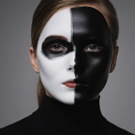 cinematic film still of  <lora:Fine art photography style:1>
Juxtaposition of a white woman9 with a half black face and a black mask paint,1girl,solo,simple background,1boy,closed mouth,monochrome,greyscale,male focus,lips,looking to the side,eyelashes,facial mark,looking away,portrait,realistic Juxtaposition,artistic,photography,dramatic light,dramatic shadow light,contrast,saturated color,cinematic,filmic,photographic,realistic,realism,perfection,perfect,Juxtaposed,opposite,different things,side by side,syncretism,antithesis,Juxtaposition style , creative, photorealism, hyperrealism, Fine art photography style, Fine art cinematic photography style, shallow depth of field, vignette, highly detailed, high budget, bokeh, cinemascope, moody, epic, gorgeous, film grain, grainy