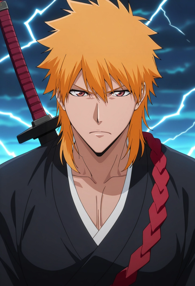 masterpiece, best quality, intricate details, anime screencap, , , , , 1boy, solo, male focus, <lora:ichigo_kurosaki_ilxl:0.98>, ichigo_kurosaki, 1boy, orange hair, brown eyes, medium hair, hair between eyes, japanese clothes, sword, storm fortress, lightning rods, weather vanes, observation deck, watchful pose, serious expression, stormy lighting,