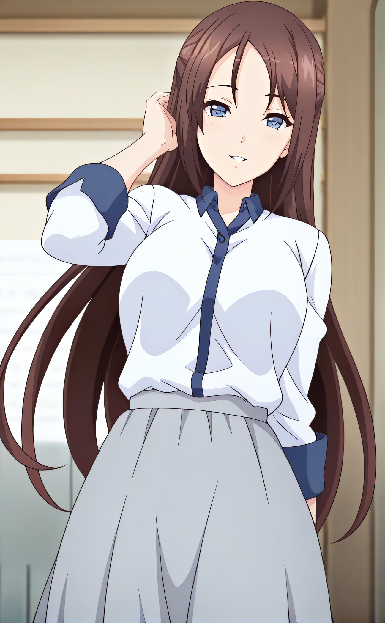 masterpiece, best quality, highres, newest, 1girl, solo, official style, anime screencap, <lora:IL_Okinaka_Yurina:1>, yurina, brown hair, blue eyes, white shirt, grey skirt, long skirt, looking at viewer, smile, indoor, cowboy shot, hand on hair, parted lips