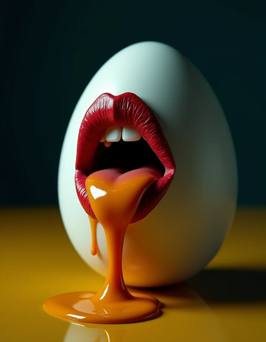 Close-up of a large chicken egg with a woman's full, lush lips painted in carmine, thick oil dripping from her mouth, spilling threads and drops onto a golden floor, dark environment, side lighting, high contrast, hard shadows, surrealism, slimy and oppressive feeling, well-balanced set, white and blue tones, hyper-detailed, hyper-realistic, 3D