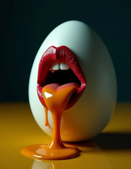 Close-up of a large chicken egg with a woman's full, lush lips painted in carmine, thick oil dripping from her mouth, spilling threads and drops onto a golden floor, dark environment, side lighting, high contrast, hard shadows, surrealism, slimy and oppressive feeling, well-balanced set, white and blue tones, hyper-detailed, hyper-realistic, 3D