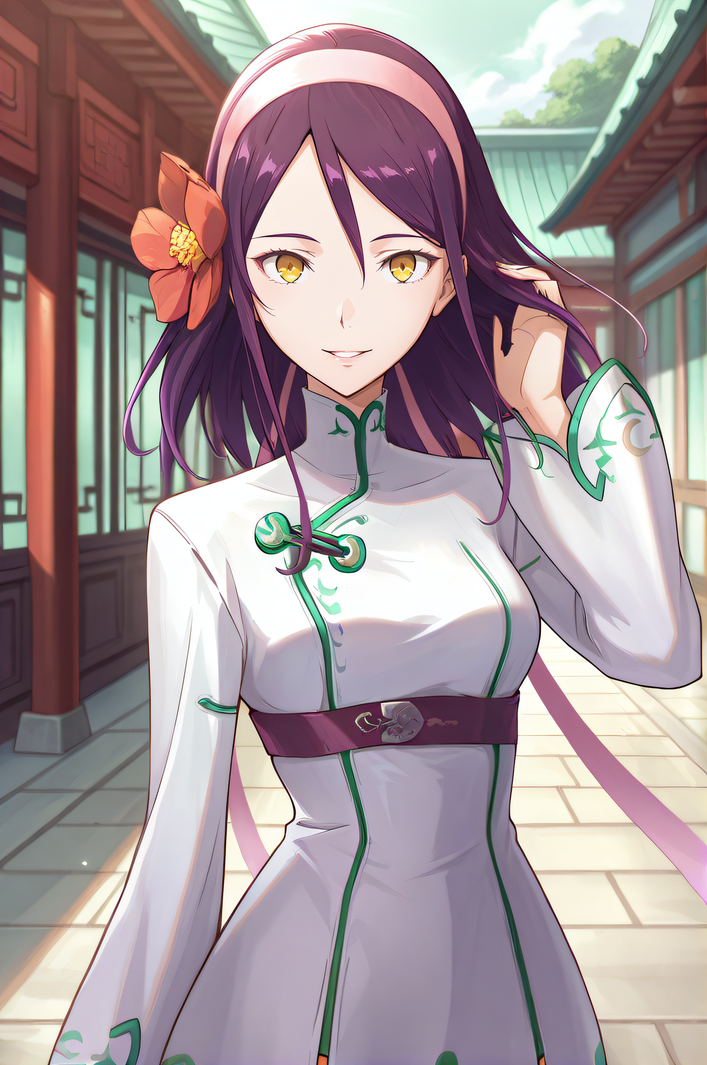 masterpiece, best quality, highres, scenery, newest, 1girl, solo, official style, <lora:Ryfia:1>, ryfia, purple hair, yellow eyes, hairband, hair flower, chinese dress, looking at viewer, smile, outdoor, scenery, parted lips, hand on hair, upper body