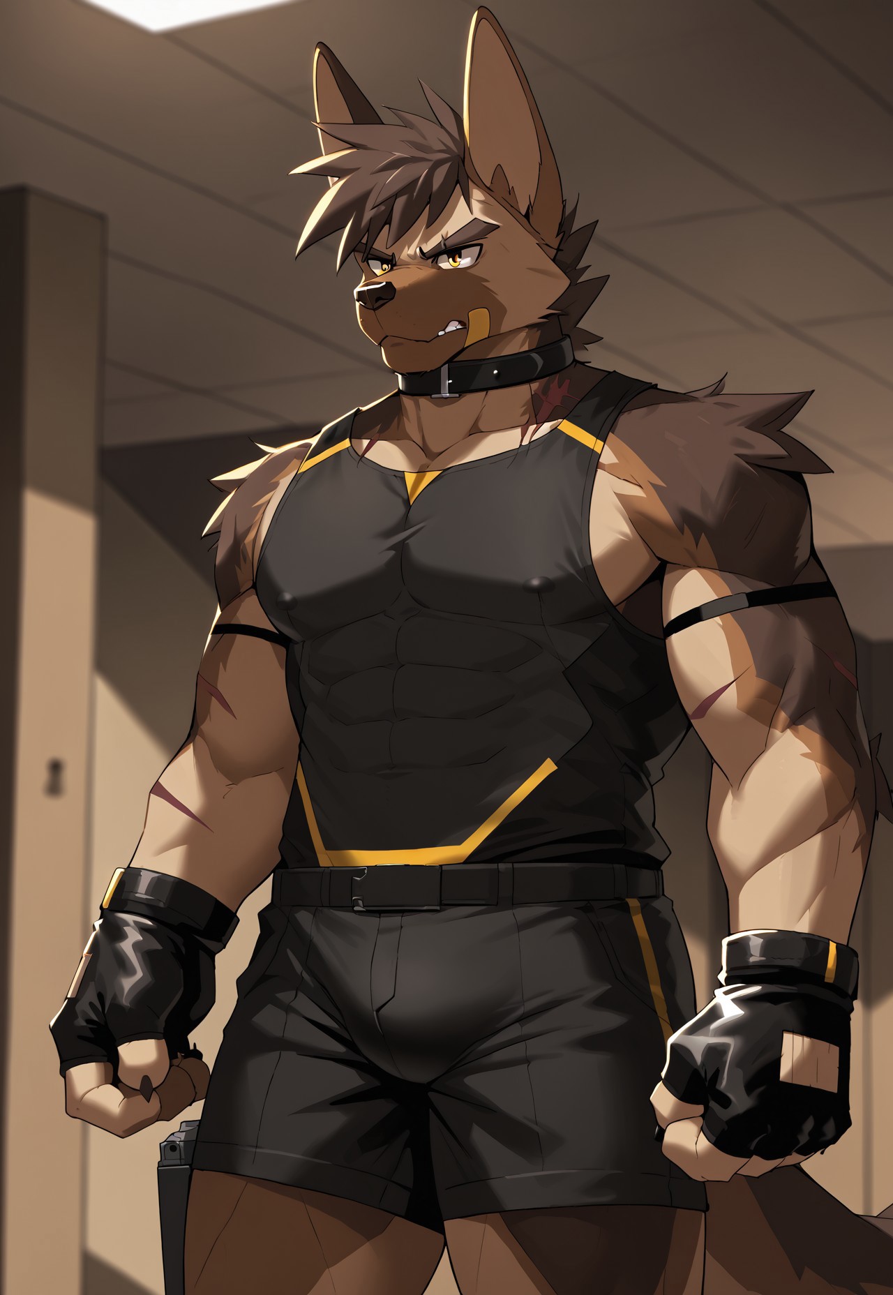 safe_pos, source_anime, masterpiece, best quality, furry male, 1boy, bara, solo, zheman, dog boy, yellow eyes, chest hair, scars on shoulder, bandaid on face, covered nipples, tail, collar, fingerless gloves, fist in hand, indoors, dark, shorts, tank top, pistol, bulge, dark room, dim, cowboy shot, angry
