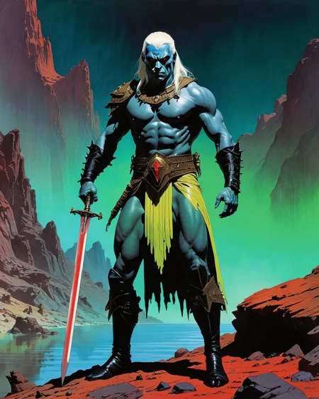 warrior on Mars, John Carter Warlord of Mars, Frank Frazetta, Vallejo, albino, blood, black armor, detailed face, full body, water, reflections, transparency, vibrant intense color, neon, glowing light, The Valley of the Lost, Kay Nielsen, neon, crimson, green, yellow, blue, realistic photo, <lora:add-detail-xl:1>, <lora:xl_more_art-full_v1:0.8>