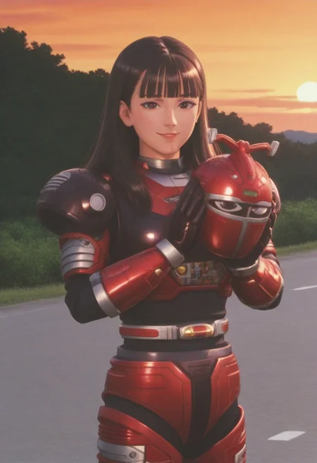 anime screencap, anime coloring, hires, 4k, sharp,
solo, 1girl, cowboy shot, detailed face, perfect face, anime face,
dark hair, long hair, blunt bangs, dark eyes looking at viewer, medium breasts, smile, (covered neck), BREAK
R3ddle, black shirt, extend hands, holding big r3ddle helmets, r3ddle gloves, r3ddle bodysuit, r3ddle belt, helmet removed, helmetless,
outdoors, road, sunset, dramatic lighting
<lora:DetailedPerfect_hands_r1:1> <lora:coveredneck_v1-000006:0.8>