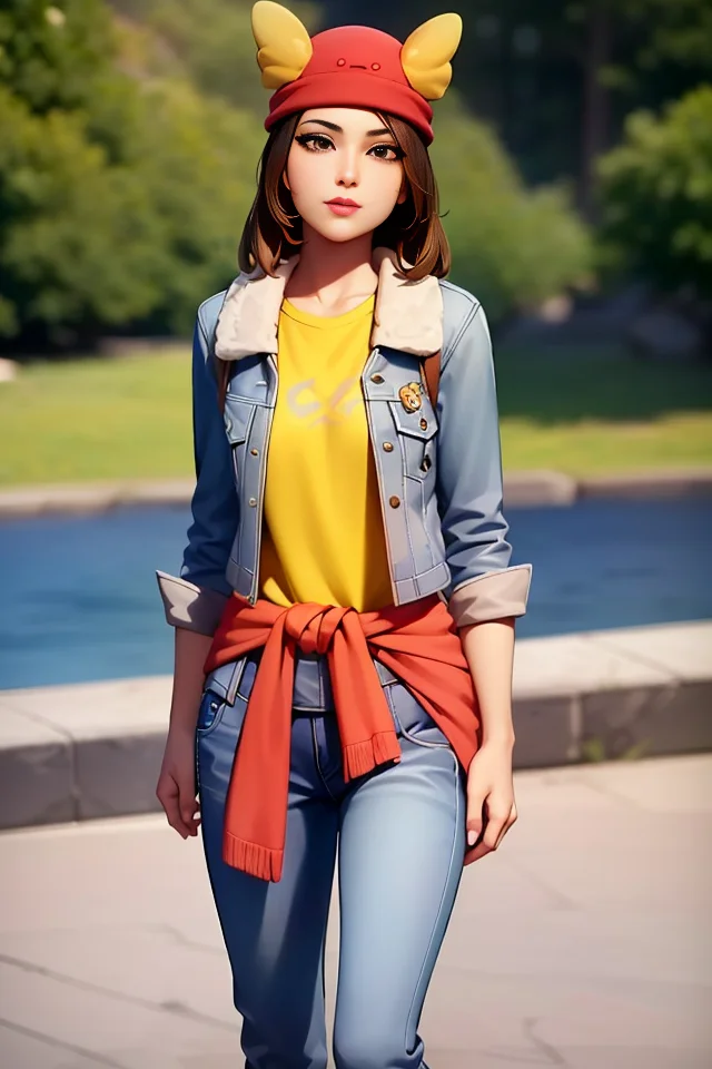 (realistic:1.5), <lora:SkyeEXP:0.7>, xyzskye, skye, clothes around waist, jacket, yellow shirt, red headwear