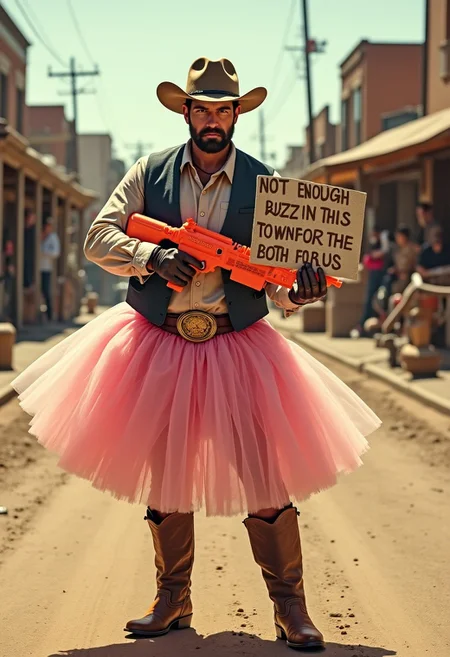 cinematic style of Sergio Leone. in dusty street in an intense shoot out, adult gunslinger, the man with no name dressed entirely as a ballerina with a flouncy pink tutu and armed with nerf guns. holding sign "not enough buzz in this town for the both of us"no pants. rugged cowboy boots. brightly colored Nerf guns. serious old west shoot out. He wears a serious expression, Nerf guns and tutu in perfect harmony. unflinching demeanor. front view, old film. determined expression. action shot. fast action old west movie,