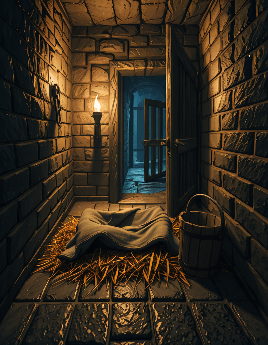 A hyper-realistic photo of a dark medieval dungeon cell inspired by Skyrim, with cold, damp stone walls covered in patches of moss and cracks. The floor is made of uneven cobblestones, partially wet with small puddles reflecting dim torchlight. An old, rusted iron-barred door is slightly ajar, casting long shadows on the ground. In the corner, a pile of straw serves as a makeshift bed, with a thin, tattered blanket thrown over it. Chains and shackles hang from the walls, showing signs of centuries of use. A small wooden bucket sits beside the bed, used as a primitive toilet. The atmosphere is heavy and oppressive, filled with a faint mist in the air. The only source of light comes from a single flickering torch mounted on the wall outside the cell, creating dramatic, warm orange glows contrasting with deep, cold shadows. The photo is taken from a slightly low angle, as if from the perspective of someone crouched on the floor inside the cell, adding a sense of claustrophobia and confinement. Ultra-realistic textures, high detail, cinematic lighting, 4K quality.
<lora:SDXLFaeTastic2400:0.4> <lora:extremely_detailed:0.4> extremely detailed,,dungeon c3ll <lora:dungeon_c3ll-i:1>, Masterpiece,best quality,hi res,8k,hi res,8k,award winning,(sharp focus, intricate, highly detailed),
