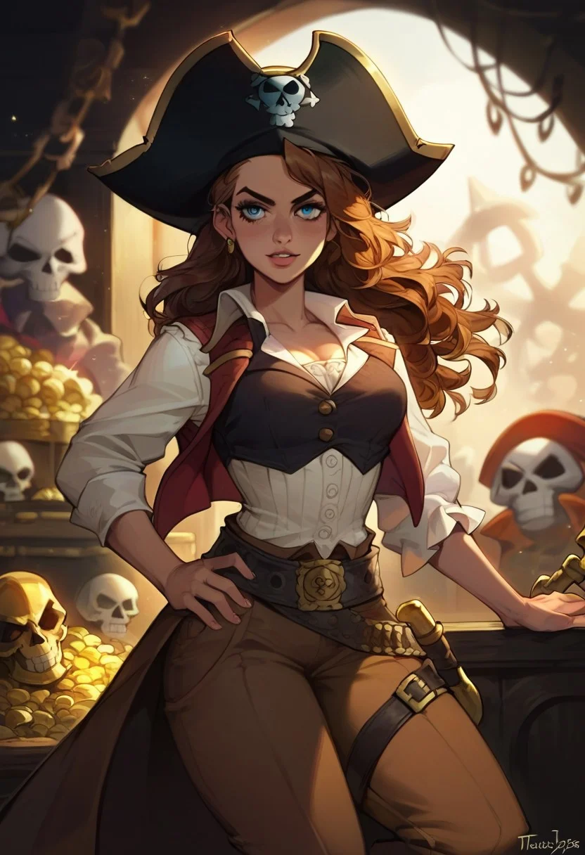 score_9, score_8_up, score_8_up, sexy woman, pirate, pirate hat, vest on bare body, brown pants, thick belt, skull island, sunny day, gold, treasure, highly detailed, dynamic lighting, depth of field, absurdres, best quality,