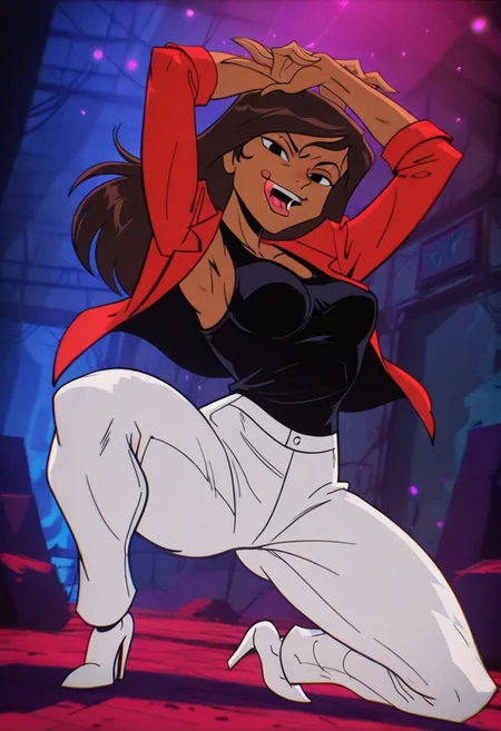 JessicaJaclynTMNT, 1girl, solo, dark-skinned female, dark skin, brown hair, long hair, black eyes, large breast, large butt, thick thighs, , red jacket, black shirt, white pants, white shoes, high heels,
,seductive pose, sexy pose, tease,
masterpiece, best quality, fine details, intricate details, depth of field, subsurface scattering, bokeh,
ultra-detailed, very aesthetic, detailed background, newest, scenery, highres, absurdres, colorful, vibrant, glowing, perfect face, 2d, perfect eyes, vibrant saturated colors, volumetric lighting, sharp, detailed eyes, perfect anatomy, perfect face, perfect eyes, mature body, clear eyes, beautiful eyes, athletic, curvy body, athletic girl, perky tits, perfect tits, round breasts, pinup pose, teasing, lustful expression, perfect hands,
muscular female, dutch angle,
arms up, armpits, open mouth, licking lips, head tilt ,Smooth Negative, Smooth_Quality,
90s_anime_aesthetic, 1990s (style), dark_fantasy_style, dark fantasy, retro,