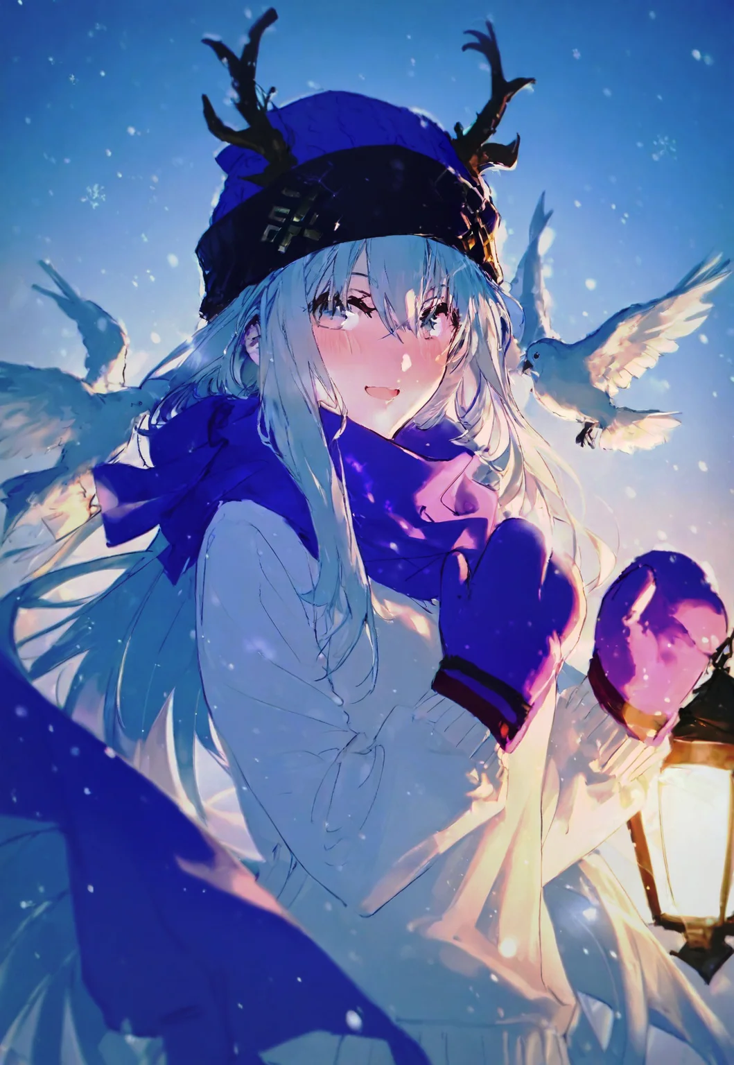 (rella:1.2), fate \(series\), fate/grand order, louhi \(fate\), louhi \(second ascension\) \(fate\), 1girl, antlers, aqua eyes, aqua hair, beanie, bird, blue hat, blue scarf, blush, breasts, hair between eyes, hat, horns, lamp, long hair, long sleeves, looking at viewer, mittens, open mouth, purple mittens, scarf, small breasts, smile, snow, solo, sweater, white sweater, light, light particles
