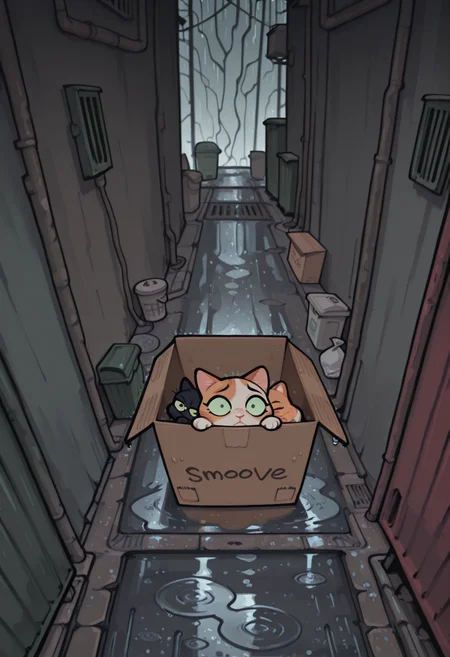smoove,
animal_focus, two cats, small, cute, adorable, sad, scared, cats under cardboard box, cats in cardboard box, from above,
alley, trash, dumpster, cardboard box, rainy, wet, rain, storm,  puddle, no_humans, dark,
 <lora:Smoove_-_Bridgetoons_v2:1>, masterpiece, best_quality, amazing_quality, very_aesthetic, 8k, high_quality, highres, absurdres, subject_focus,