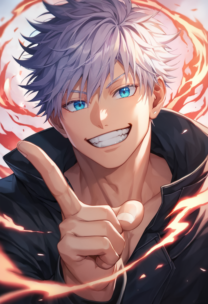 score_9, score_8_up, score_7_up, <lora:gojou_satoru_pony:1>,black_coat, gojou_satoru, bad_id, smile, energy, alternate_hairstyle, bad_twitter_id, solo, fighting_stance, 1boy, index_finger_raised, highres, teeth, male_focus, upper_body, looking_at_viewer