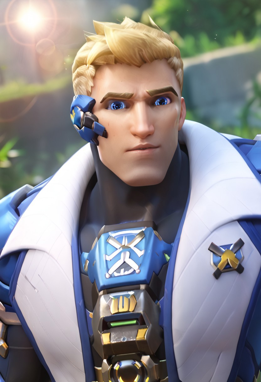 score_9, score_8_up, score_7_up, score_6_up, 8k, highest quality, high detail, masterpiece, perfection style, perfection, perfect, perfecteyes, best quality, beautiful lighting, perfecteyes, (highest quality), (best shadow), intricate details, ultra-detailed face, detailed eyes, perfect face, detailed eyes, (masculine, 1male, jackm, soldier 76 /(Overwatch)/ mature male, blonde hair, short hair, sideburns, blue eyes, muscular, thick eyebrows, slim lips, clean shaven face), ultra sharp focus, bara, armor, strike commander morrison, scouter, pant, boot, gloves, dynamic pose, looking at viewer, assault rifle, depth of field, lens flare