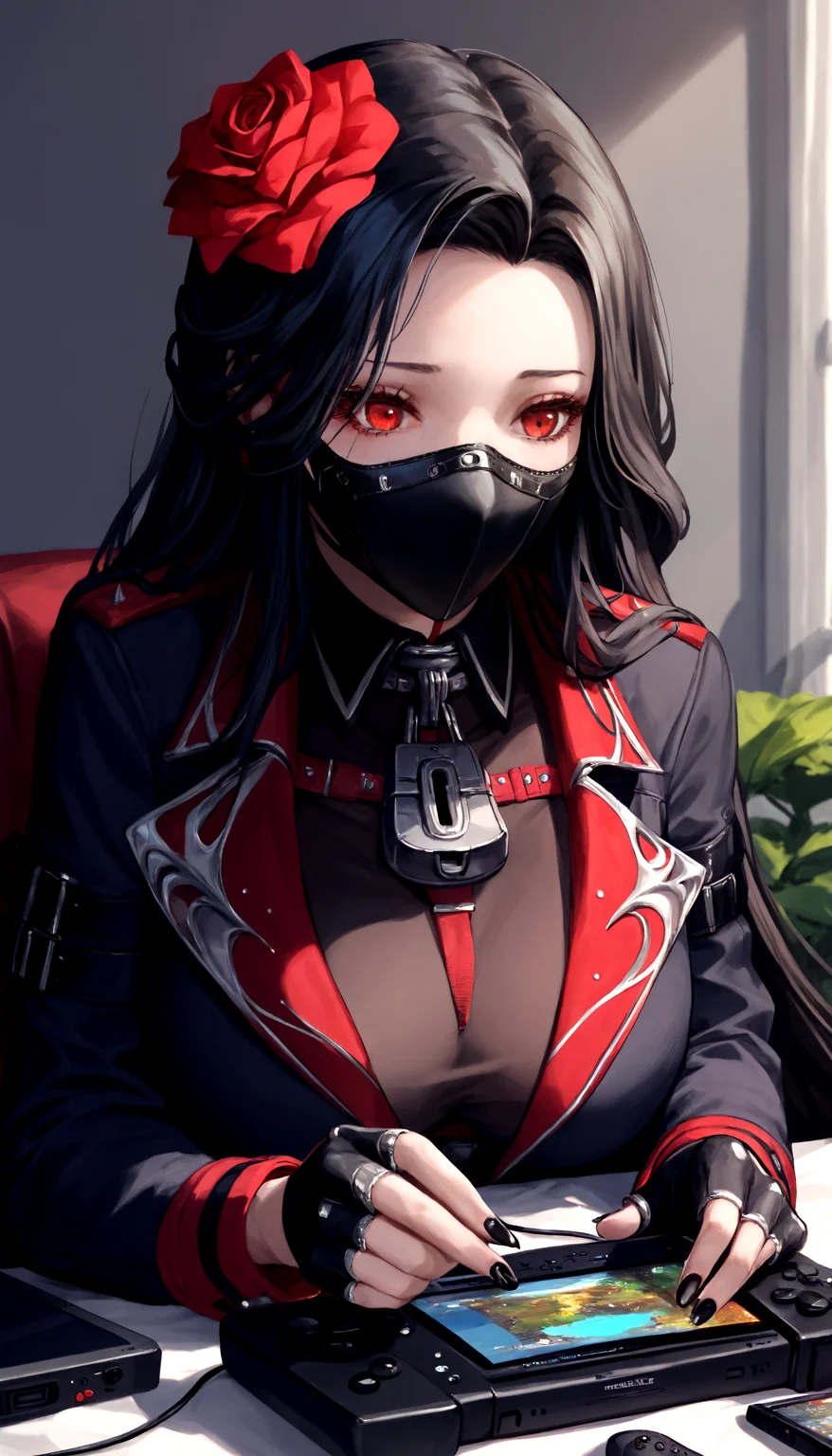<lora:Maiden120_epoch_8:0.99> maiden_nikke, mouth_mask, handheld_game_console, std_outfit, score_9, score_8_up, score_7_up, (high quality, detailed, beautiful)