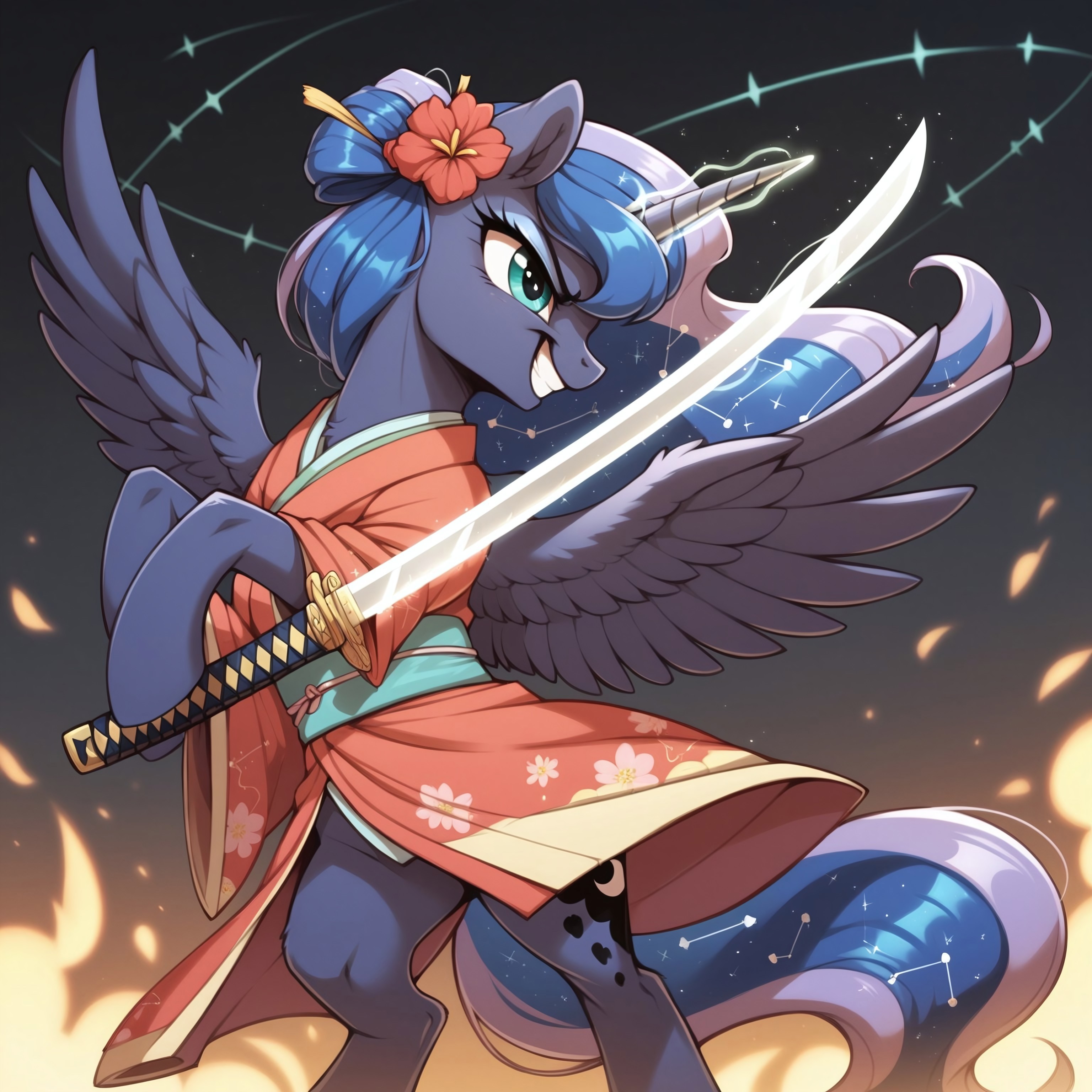 score_9, score_8_up, score_7_up, score_6_up, score_5_up, score_4_up, princess luna, alicorn, pony, g4, badass, bow, clothes, constellation, cute, female, flower, flower in hair, glowing horn, glowing mane, grin, hair bow, horn, katana, glow katana, kimono (clothing), levitation, magic, mare, rearing, samurai, scabbard, smiling, smirk, solo, sword, telekinesis katana