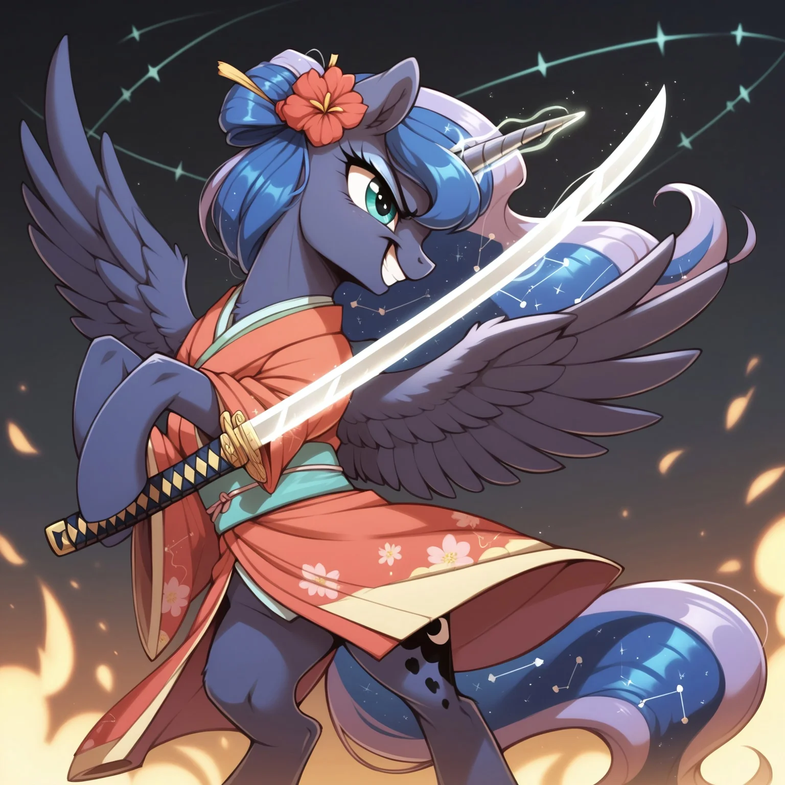 score_9, score_8_up, score_7_up, score_6_up, score_5_up, score_4_up, princess luna, alicorn, pony, g4, badass, bow, clothes, constellation, cute, female, flower, flower in hair, glowing horn, glowing mane, grin, hair bow, horn, katana, glow katana, kimono (clothing), levitation, magic, mare, rearing, samurai, scabbard, smiling, smirk, solo, sword, telekinesis katana