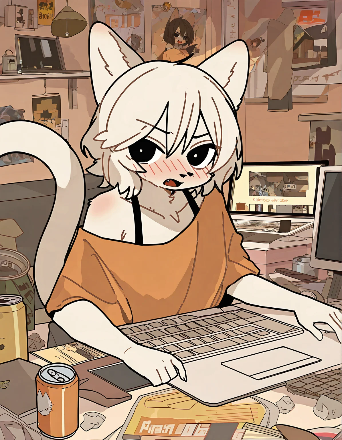 doremifaso64, 1girl, furry, animal ears, tail, sitting, keyboard (computer), cat tail, computer, cat ears, black eyes, solo, sensitive, furry female, cat girl, shirt, mouse (computer), bra strap, can, monitor, open mouth, socks, poster (object), short hair, blush, looking at viewer, off shoulder, body fur, indoors, fang, white hair, pointing, animal nose, digital clock, laptop, black socks, white fur, orange shirt, messy room, underwear, no pants, off-shoulder shirt
very awa, masterpiece, best quality, year 2024, newest, highres, absurdres, <lora:doremifaso64-style-noobai-vpred10:1>