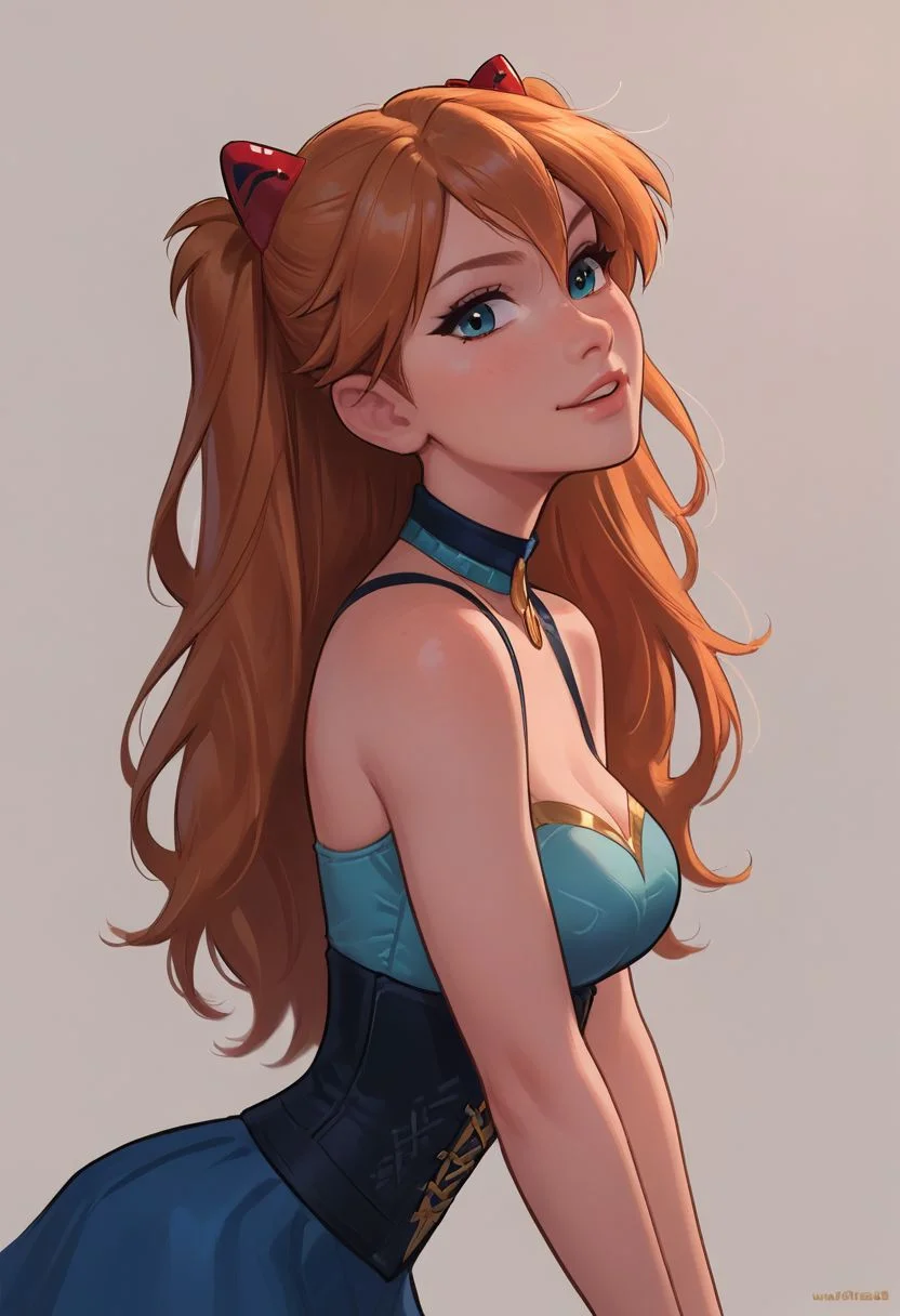 score_9, score_8_up, score_7_up, score_6_up, score_5_up, score_4_up, asuka langley, closeup portrait, redhead, black strapped corset with gold trim, long tusk blue skirt, turquoise shirt with standup collar, young face, skinny, turning to face viewer, head tilt, 1girl, portrait, medium breasts, looking at viewer, kinky, adorable, petite, skinny, side view, looking at viewer, round face, 18 years old, cutest girl in the world