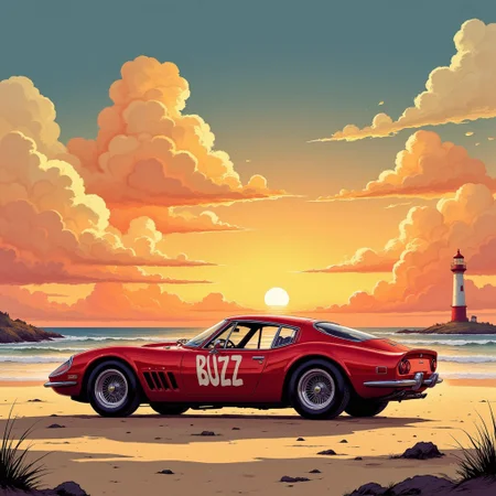 Cel Shaded Art, pixel art, sega retro game 8 bit graphics, full car in picture, red ferrari 70s car with text "buzz" on side, scene with sunset, sand beach, 2D, flat color, toon shading, cinematic, epic, light shining, detailed, deep, intricate, clear, color, beautiful, elegant, perfect, sharp focus, professional, highly saturated colors, ambient, magic, mystical, stunning, symmetry, pure, lighthouse, valley