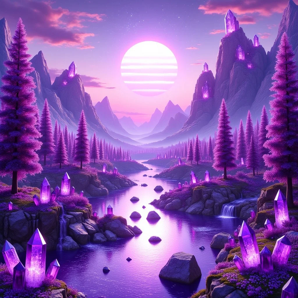 "Majestic mountains covered in sparkling amethyst crystals, rivers flowing with glowing violet water, trees adorned with faceted gem-like leaves, the sky painted in hues of lavender and magenta, and a radiant sun casting a soft, mystical purple glow over the entire scene